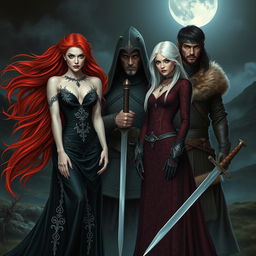 A thrilling scene featuring two stunning female vampires, one with flowing red hair and a long, elegant black dress adorned with silver accents, and the other with sleek platinum blonde hair wearing a deep crimson gown with intricate patterns