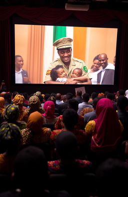 A vibrant film theatre scene filled with a diverse group of black individuals dressed in colorful African traditional attire, all intently watching a large screen