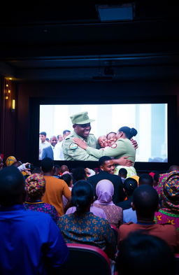 A vibrant film theatre scene filled with a diverse group of black individuals dressed in colorful African traditional attire, all intently watching a large screen