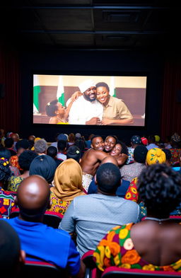 A vibrant film theatre scene filled with a diverse group of black individuals dressed in colorful African traditional attire, all intently watching a large screen