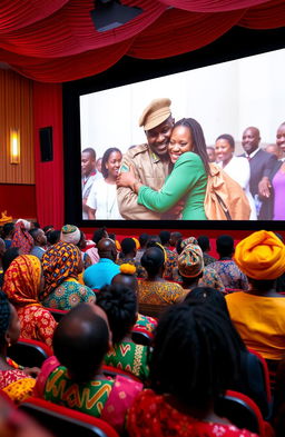 A vibrant film theatre scene filled with a diverse group of black individuals dressed in colorful African traditional attire, all intently watching a large screen