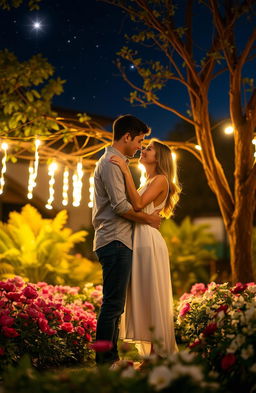 A romantic scene featuring a young couple embraced under a starlit sky, with soft glowing lights hanging from a nearby tree