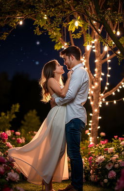 A romantic scene featuring a young couple embraced under a starlit sky, with soft glowing lights hanging from a nearby tree