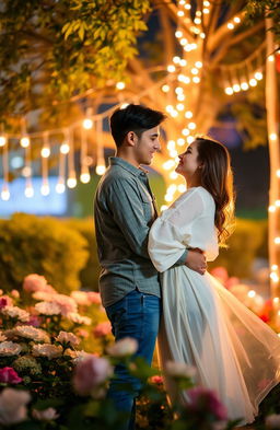 A romantic scene featuring a young couple embraced under a starlit sky, with soft glowing lights hanging from a nearby tree