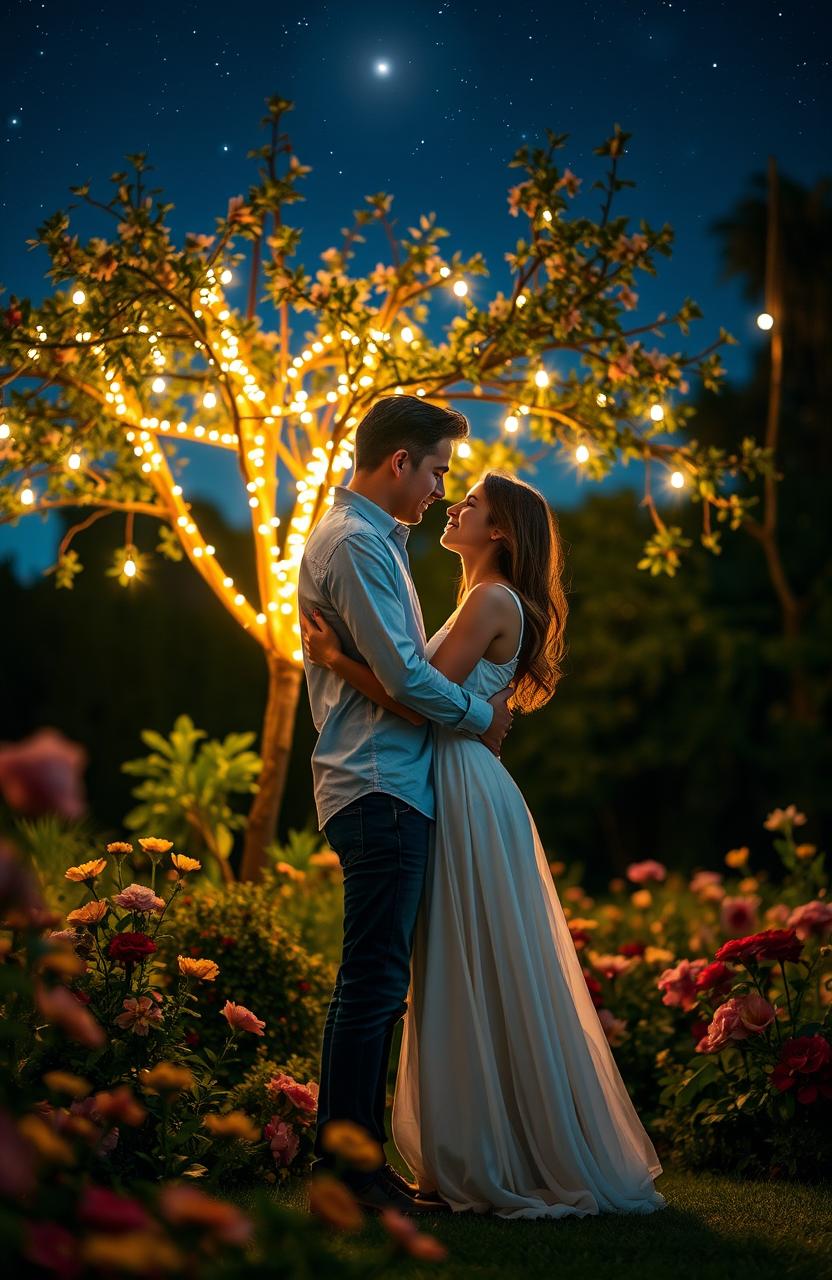 A romantic scene featuring a young couple embraced under a starlit sky, with soft glowing lights hanging from a nearby tree