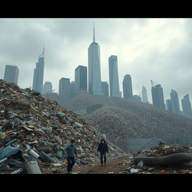 A dramatic depiction of a large city transformed into a colossal mountain of waste