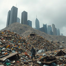 A dramatic depiction of a large city transformed into a colossal mountain of waste