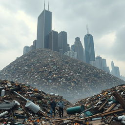 A dramatic depiction of a large city transformed into a colossal mountain of waste