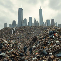 A dramatic depiction of a large city transformed into a colossal mountain of waste