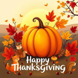 A festive illustration capturing the spirit of Thanksgiving, featuring a large, vibrant pumpkin at the center, surrounded by a variety of colorful autumn leaves in shades of red, orange, and yellow