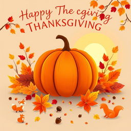 A festive illustration capturing the spirit of Thanksgiving, featuring a large, vibrant pumpkin at the center, surrounded by a variety of colorful autumn leaves in shades of red, orange, and yellow