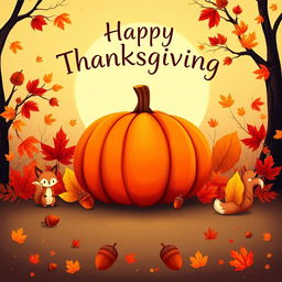 A festive illustration capturing the spirit of Thanksgiving, featuring a large, vibrant pumpkin at the center, surrounded by a variety of colorful autumn leaves in shades of red, orange, and yellow