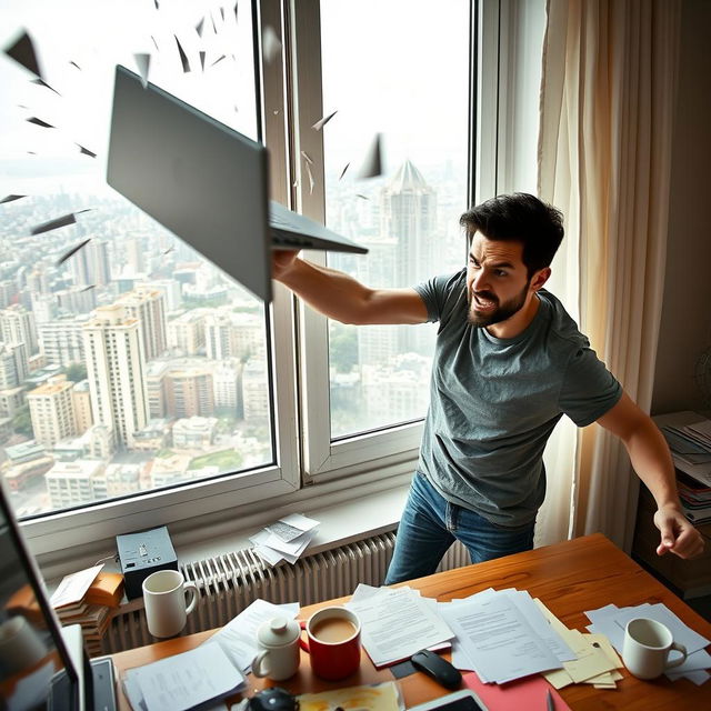 A dynamic scene depicting a figure named Youri Wladimirov, angrily throwing his laptop out of a window