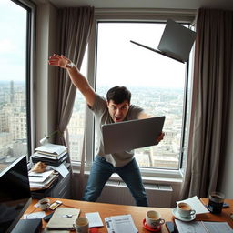A dynamic scene depicting a figure named Youri Wladimirov, angrily throwing his laptop out of a window