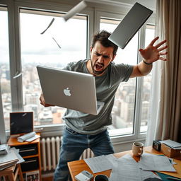 A dynamic scene depicting a figure named Youri Wladimirov, angrily throwing his laptop out of a window