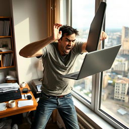 A dynamic scene depicting a figure named Youri Wladimirov, angrily throwing his laptop out of a window