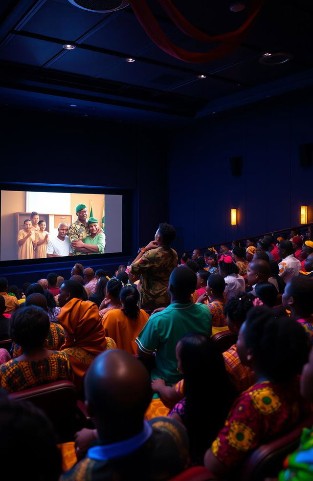 A vibrant scene inside a film theatre, filled with many Black people dressed in colorful African attire, attentively watching a movie