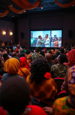 A vibrant scene inside a film theatre, filled with many Black people dressed in colorful African attire, attentively watching a movie