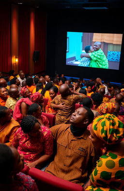 A vibrant scene inside a film theatre, filled with many Black people dressed in colorful African attire, attentively watching a movie