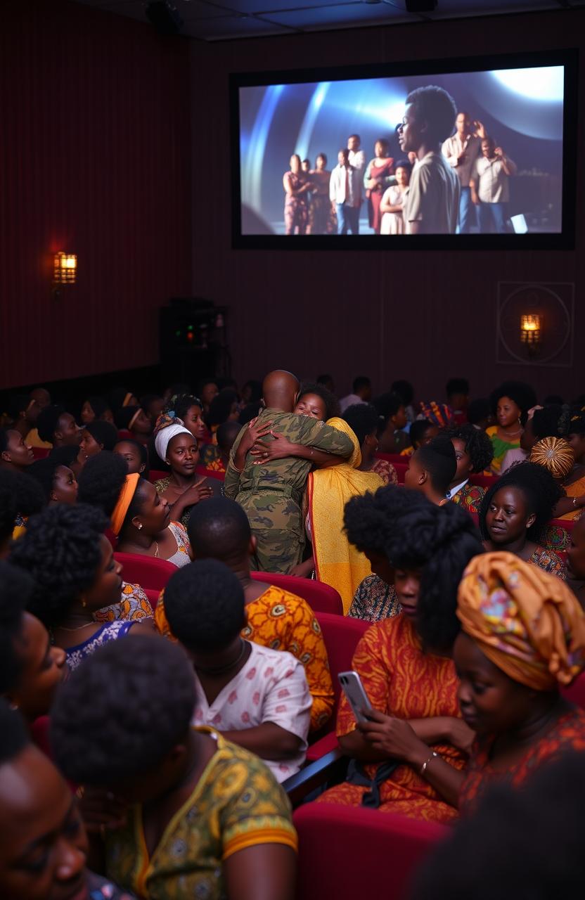 A vibrant scene inside a film theatre, filled with many Black people dressed in colorful African attire, attentively watching a movie