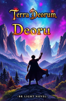 A stunning light novel cover for the title 'Terra Deorum', featuring the silhouette of a heroic main character standing triumphantly against a breathtaking fantasy world background