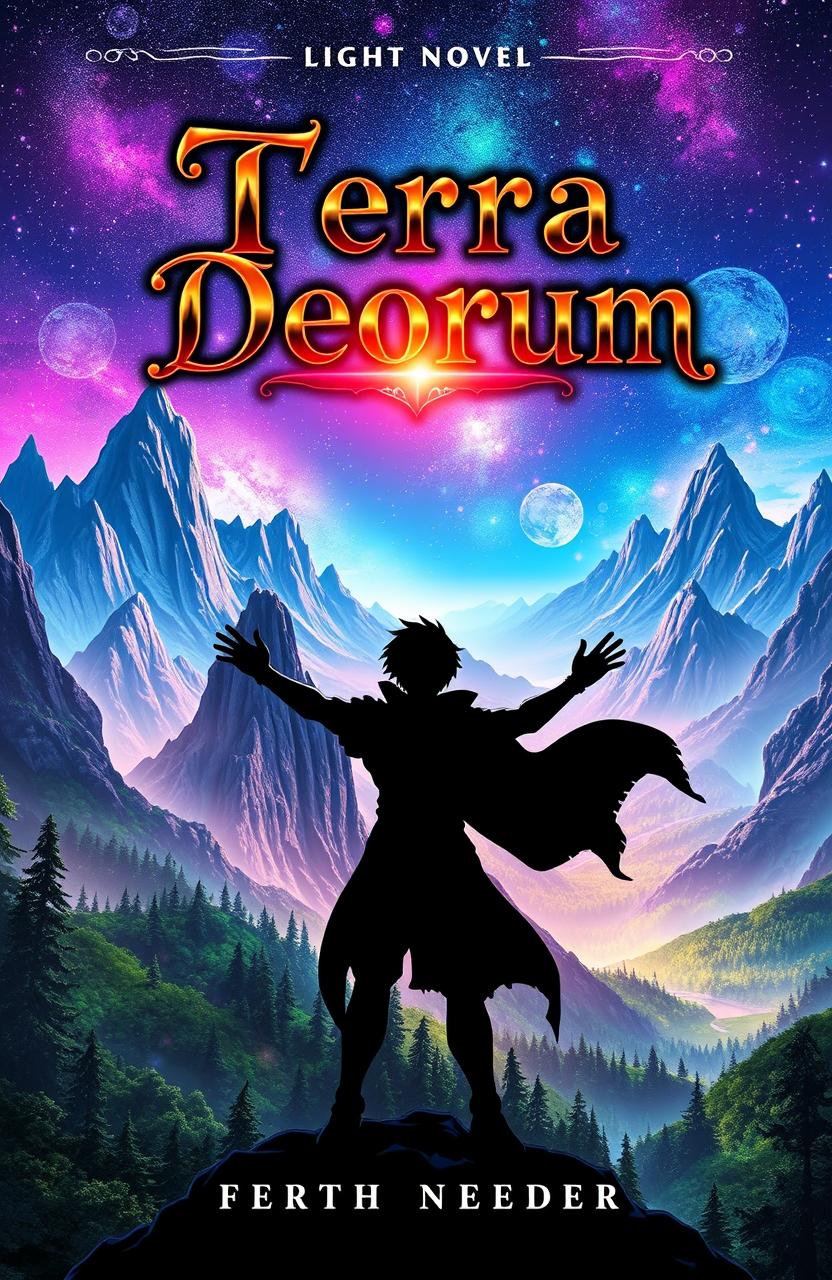 A stunning light novel cover for the title 'Terra Deorum', featuring the silhouette of a heroic main character standing triumphantly against a breathtaking fantasy world background