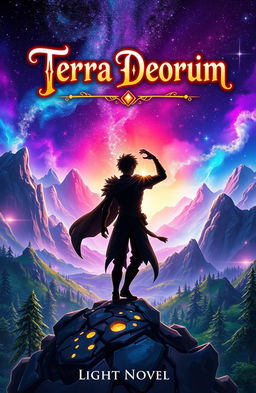 A stunning light novel cover for the title 'Terra Deorum', featuring the silhouette of a heroic main character standing triumphantly against a breathtaking fantasy world background