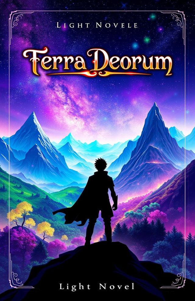 A stunning light novel cover for the title 'Terra Deorum', featuring the silhouette of a heroic main character standing triumphantly against a breathtaking fantasy world background