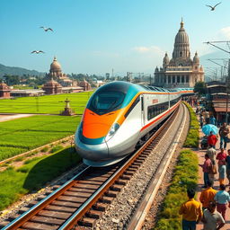 A futuristic, sleek bullet train traveling at high speed through a vibrant Indian landscape, showcasing lush green fields, modern urban infrastructure, and traditional elements like ancient temples and colorful markets in the background