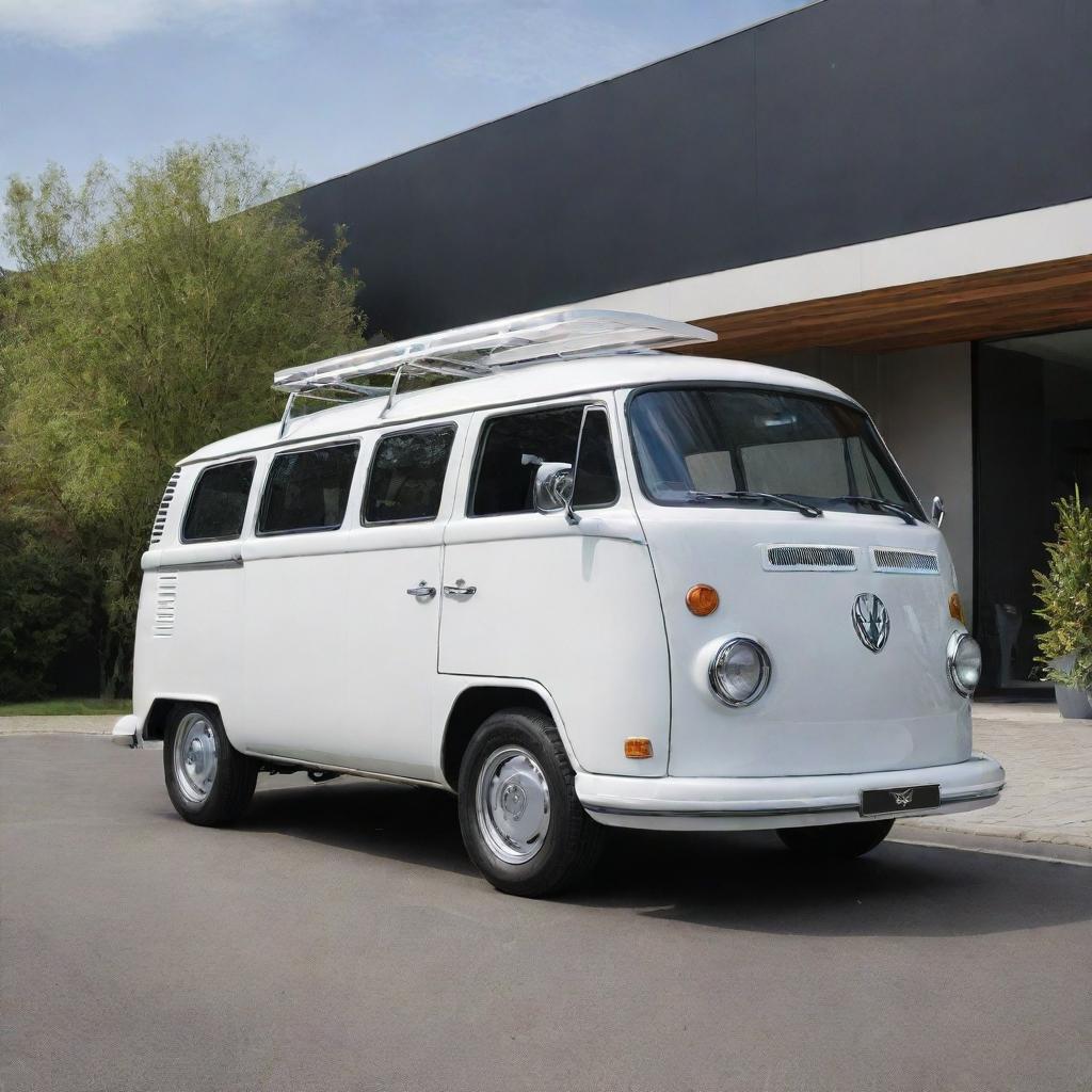 An imaginative design marrying the sleek, sporty features of a Porsche with the iconic, family-friendly style of a VW Kombi van, creating a harmony between performance and comfort