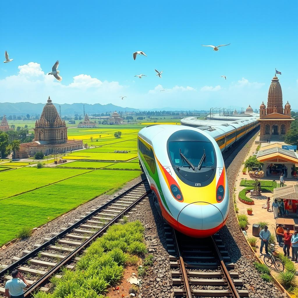 A futuristic, sleek bullet train traveling at high speed through a vibrant Indian landscape, showcasing lush green fields, modern urban infrastructure, and traditional elements like ancient temples and colorful markets in the background