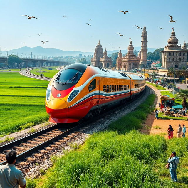 A futuristic, sleek bullet train traveling at high speed through a vibrant Indian landscape, showcasing lush green fields, modern urban infrastructure, and traditional elements like ancient temples and colorful markets in the background