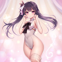 A stunning anime girl with an exquisite body shape and a cute, charming face, wearing stylish net stockings