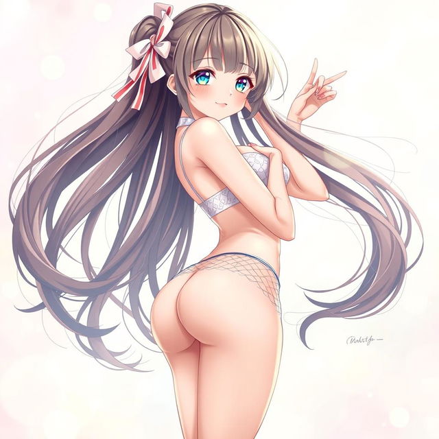 A stunning anime girl with an exquisite body shape and a cute, charming face, wearing stylish net stockings