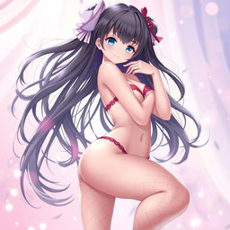 A stunning anime girl with an exquisite body shape and a cute, charming face, wearing stylish net stockings