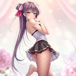 A stunning anime girl with an exquisite body shape and a cute, charming face, wearing stylish net stockings