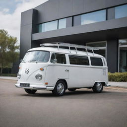 An imaginative design marrying the sleek, sporty features of a Porsche with the iconic, family-friendly style of a VW Kombi van, creating a harmony between performance and comfort