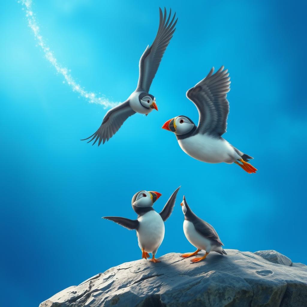 A magical bird encourages Pip the puffin to follow it, with Pip flapping his tiny wings in excitement