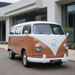 An imaginative design marrying the sleek, sporty features of a Porsche with the iconic, family-friendly style of a VW Kombi van, creating a harmony between performance and comfort