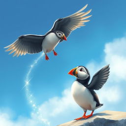 A magical bird encourages Pip the puffin to follow it, with Pip flapping his tiny wings in excitement