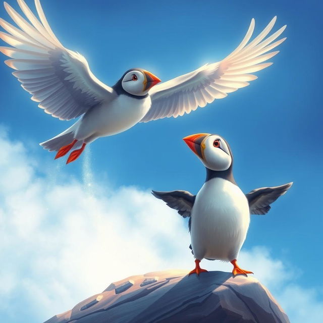 A magical bird encourages Pip the puffin to follow it, with Pip flapping his tiny wings in excitement