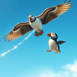 A magical bird encourages Pip the puffin to follow it, with Pip flapping his tiny wings in excitement