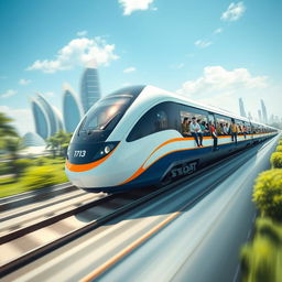 A futuristic scene showcasing a high-speed bullet train symbolizing the developed India initiative, inspired by Modi's vision