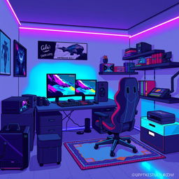 A pixel art representation of a gaming room, featuring a sleek gaming setup with a modern gaming desk, a high-end gaming monitor, and a stylish gaming chair