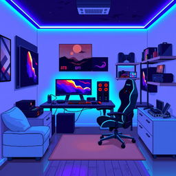 A pixel art representation of a gaming room, featuring a sleek gaming setup with a modern gaming desk, a high-end gaming monitor, and a stylish gaming chair