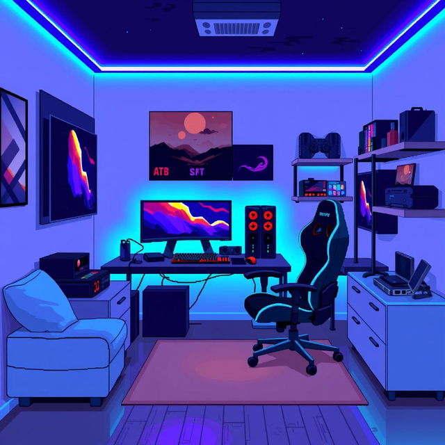 A pixel art representation of a gaming room, featuring a sleek gaming setup with a modern gaming desk, a high-end gaming monitor, and a stylish gaming chair