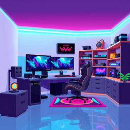 A pixel art representation of a gaming room, featuring a sleek gaming setup with a modern gaming desk, a high-end gaming monitor, and a stylish gaming chair