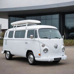 An imaginative design marrying the sleek, sporty features of a Porsche with the iconic, family-friendly style of a VW Kombi van, creating a harmony between performance and comfort