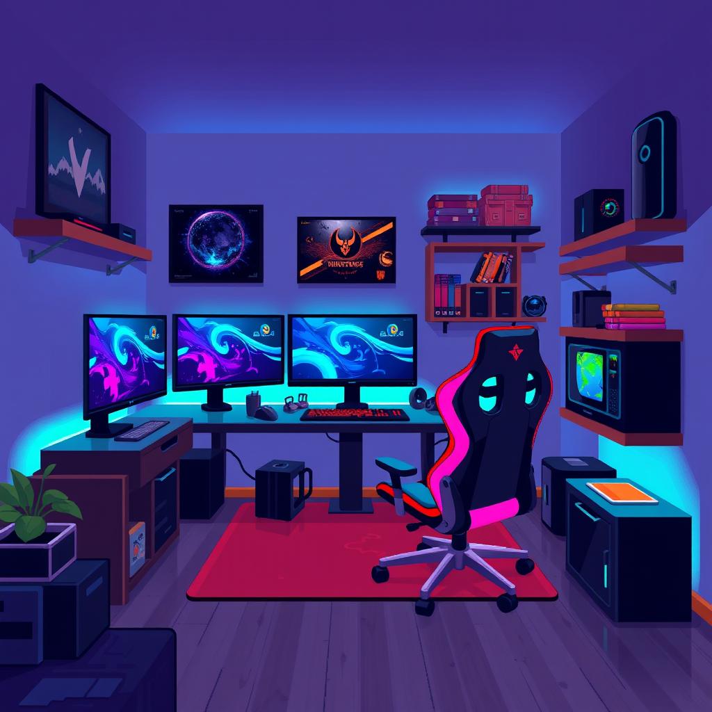 A pixel art representation of a gaming room, featuring a sleek gaming setup with a modern gaming desk, a high-end gaming monitor, and a stylish gaming chair