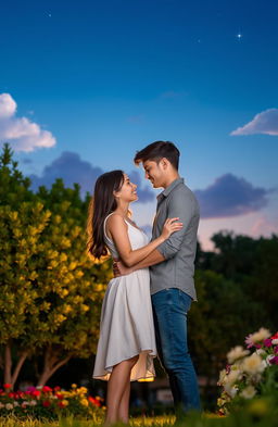 A romantic scene featuring a young couple embracing under a twilight sky, with soft clouds and twinkling stars in the background